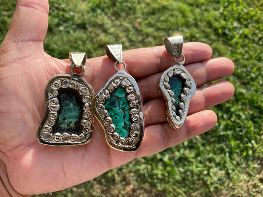Raw Malachite Natural Stone Tibetan Silver Pendant, Ethnic Jewelry, Energy Stone Pendant, Birthstone, Healing Crystal, Freeform Stone