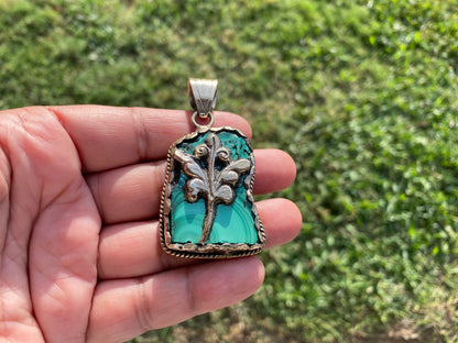 Raw Malachite Natural Stone Tibetan Silver Pendant, Ethnic Jewelry, Energy Stone Pendant, Birthstone, Healing Crystal, Freeform Stone