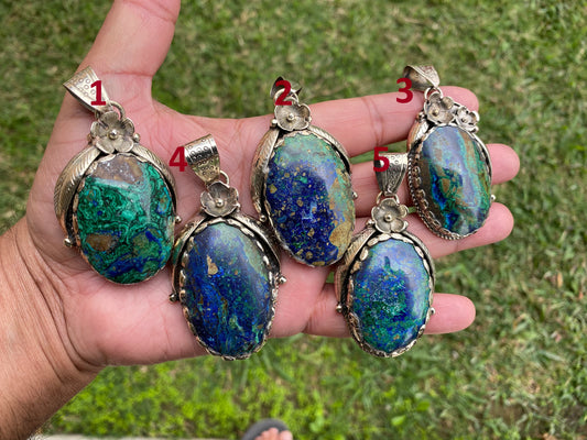 Rare Natural Stone Azurite with Malachite Tibetan Silver Pendant, Ethnic Inspired Jewelry, Earthy Jewelry, Metaphysical Stone, Boho Necklace