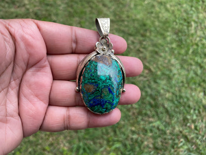 Rare Natural Stone Azurite with Malachite Tibetan Silver Pendant, Ethnic Inspired Jewelry, Earthy Jewelry, Metaphysical Stone, Boho Necklace