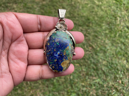 Rare Natural Stone Azurite with Malachite Tibetan Silver Pendant, Ethnic Inspired Jewelry, Earthy Jewelry, Metaphysical Stone, Boho Necklace