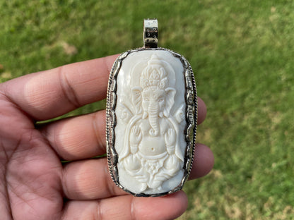 Ganesh Bone Carved Tibetan Silver Pendant, Buffalo Bone, Yoga Pendant, Ethnic Jewelry, Tribal, Spiritual Pendant, Locket for Men or Women