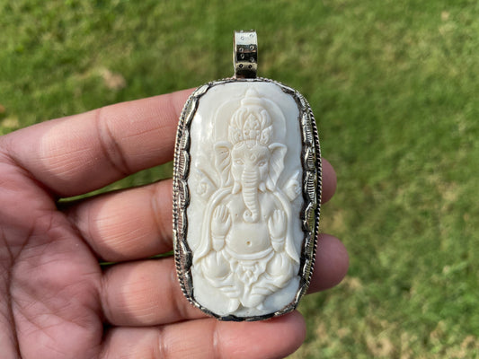 Ganesh Bone Carved Tibetan Silver Pendant, Buffalo Bone, Yoga Pendant, Ethnic Jewelry, Tribal, Spiritual Pendant, Locket for Men or Women