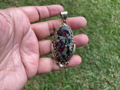 Eudialyte Natural Stone Tibetan Silver Pendant, Unique Gemstone Pendant, Cosmic Energy Stone, Metaphysical Gemstone, Nature-Inspired Pendant