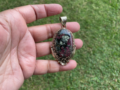 Eudialyte Natural Stone Tibetan Silver Pendant, Unique Gemstone Pendant, Cosmic Energy Stone, Metaphysical Gemstone, Nature-Inspired Pendant
