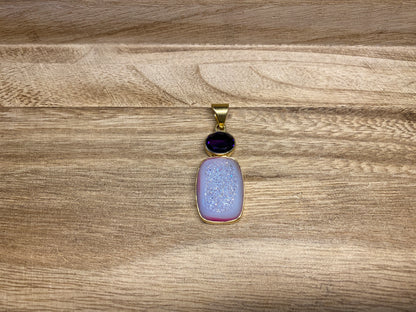 Faceted Amethyst & Druzy Pendant, 14K Matte Gold, Small Gemstone Pendant, Necklace Pendant, Natural Stone/Nepal Himalayan Jewelry/Large Bail