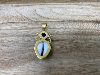 Faceted Amethyst & Seashell Conch Pendant, 14K Matte Gold, Small Gemstone Pendant, Necklace Pendant, Natural Stone Pendant, Nepal Himalayan
