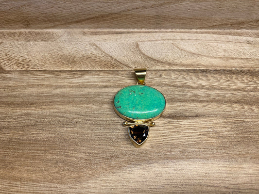Faceted Smoky Quartz & Green Howlite Turquoise Pendant, 14K Matte Gold Overlay, Small Gemstone, Necklace Pendant, Natural Stone Jewelry, Zen