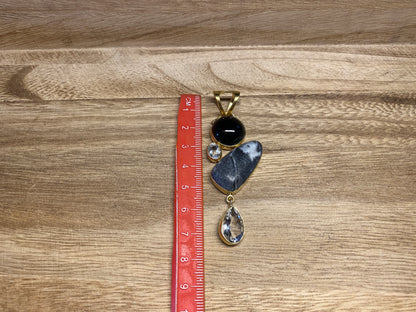 Faceted White Topaz with Jasper & Black Onyx Gemstone Pendant, Natural Stone Pendant, 14K Matte Gold Overlay Birthstone Pendant for Necklace