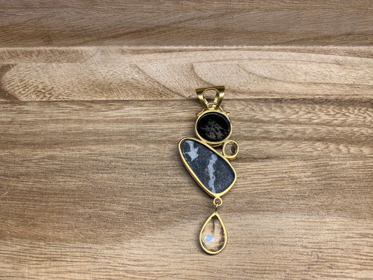Faceted White Topaz with Jasper & Black Onyx Gemstone Pendant, Natural Stone Pendant, 14K Matte Gold Overlay Birthstone Pendant for Necklace
