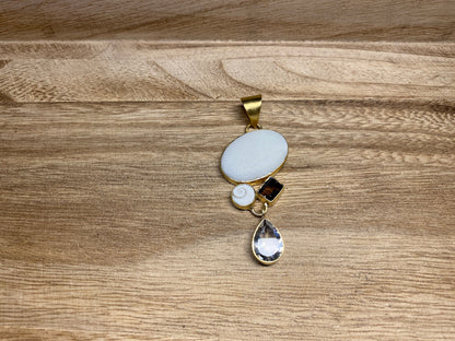 Faceted White Topaz with Smoky Quartz Gemstone, Shell & Matte White Jasper Pendant, 14K Matte Gold Overlay, Birthstone Natural Stone Pendant