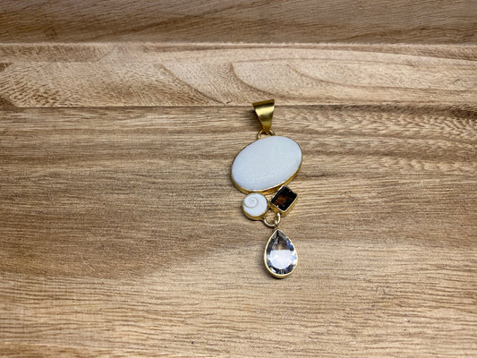 Faceted White Topaz with Smoky Quartz Gemstone, Shell & Matte White Jasper Pendant, 14K Matte Gold Overlay, Birthstone Natural Stone Pendant