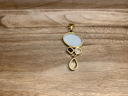 Faceted White Topaz with Smoky Quartz Gemstone, Shell & Matte White Jasper Pendant, 14K Matte Gold Overlay, Birthstone Natural Stone Pendant