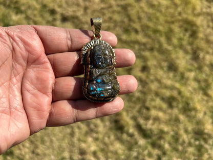 Fengshui Buddha Natural Labradorite Pendant, Laughing Buddha, Healing Pendant, Unique Pendant. Symbolizing Prosperity and Abundance,