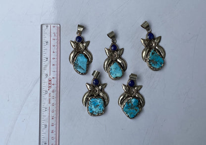Floral-Inspired Tibetan Silver Pendant, Turquoise Pendant with Lapis and Tibetan Silver Detailing, For Emotional Balance, Unisex gift ideas.