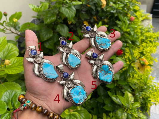 Floral-Inspired Tibetan Silver Pendant, Turquoise Pendant with Lapis and Tibetan Silver Detailing, For Emotional Balance, Unisex gift ideas.