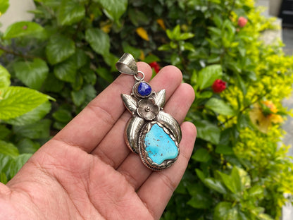 Floral-Inspired Tibetan Silver Pendant, Turquoise Pendant with Lapis and Tibetan Silver Detailing, For Emotional Balance, Unisex gift ideas.