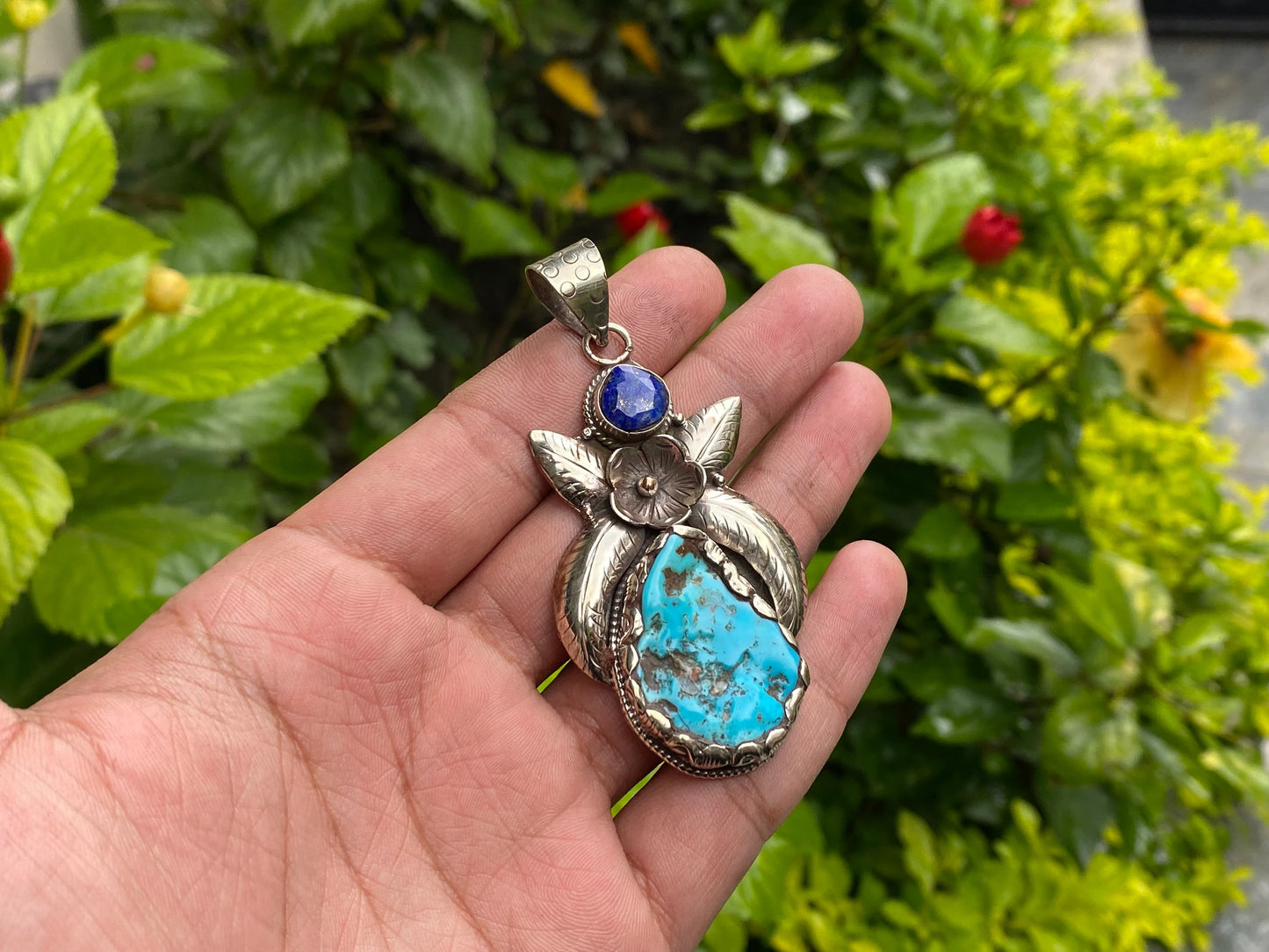 Floral-Inspired Tibetan Silver Pendant, Turquoise Pendant with Lapis and Tibetan Silver Detailing, For Emotional Balance, Unisex gift ideas.