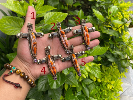 Floral Designed Handcrafted Boho Cross Pendant with Spiny Orange Oyster & Tibetan Silver, Natural Gemstone Pendant, Aesthetic gift ideas.