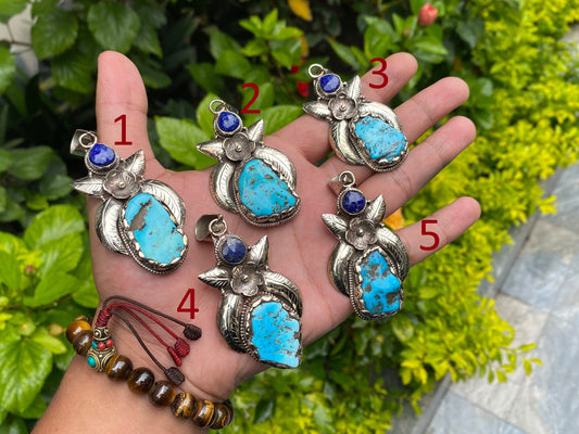 Floral Tibetan Silver Pendant with Natural Turquoise and Lapis Stone, Handmade and Hammered design, Perfect for gift, Unisex Pendant.