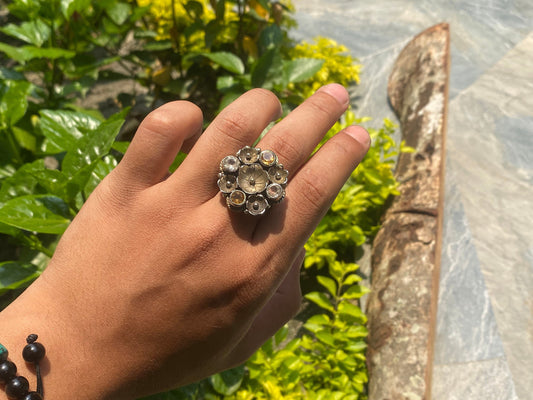 Floral designed Antique Adjustable Ring, Tibetan Silver Ring Adorned with White Topaz and Citrine.