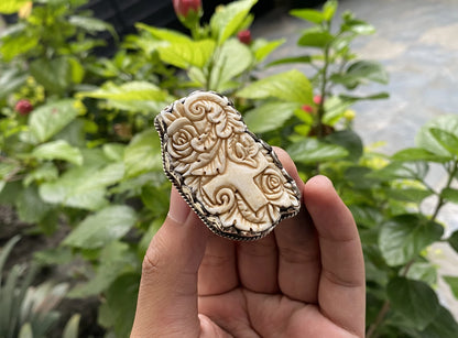 Floral designed Ring, Holy Cross covered with floral design, Unique buffalo bone Ring, Hammered Tibetan silver, Unisex Hippie fashion.