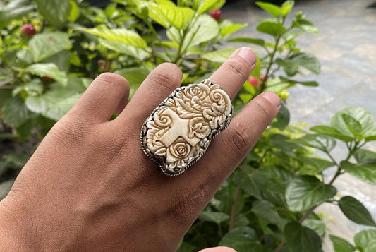 Floral designed Ring, Holy Cross covered with floral design, Unique buffalo bone Ring, Hammered Tibetan silver, Unisex Hippie fashion.