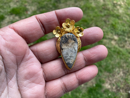 Jasper Gold Overlay Non Tarnish Small Pendant with Natural Jasper, Flower Design, Unique Jewelry For Nature Lover, Natural Stone Pendant