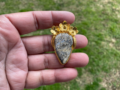 Jasper Gold Overlay Non Tarnish Small Pendant with Natural Jasper, Flower Design, Unique Jewelry For Nature Lover, Natural Stone Pendant