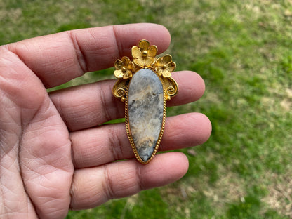 Jasper Gold Overlay Non Tarnish Small Pendant with Natural Jasper, Flower Design, Unique Jewelry For Nature Lover, Natural Stone Pendant
