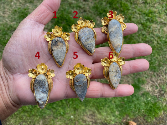 Jasper Gold Overlay Non Tarnish Small Pendant with Natural Jasper, Flower Design, Unique Jewelry For Nature Lover, Natural Stone Pendant