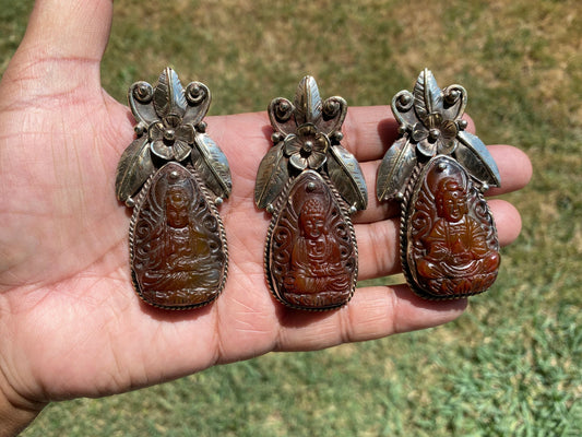 Large Carved Buddha Carnelian Natural Stone Tibetan Silver Pendant, Flower Designs, Unique Designs, Himalayan Jewelry, Spiritual Pendant