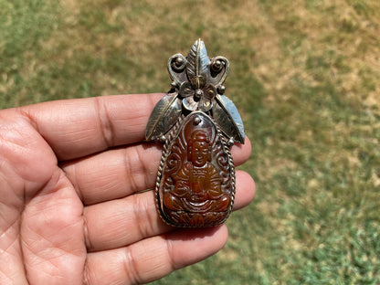 Large Carved Buddha Carnelian Natural Stone Tibetan Silver Pendant, Flower Designs, Unique Designs, Himalayan Jewelry, Spiritual Pendant