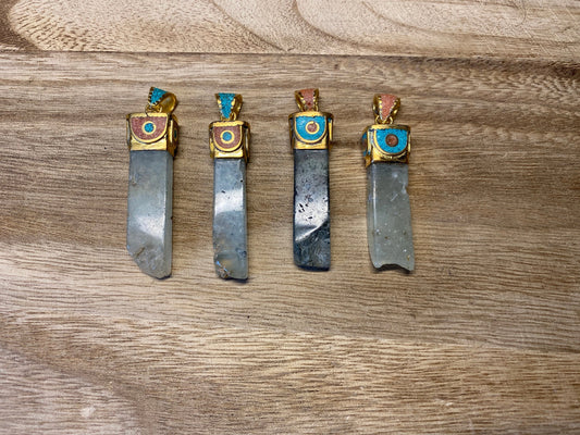 Fluorite Tibetan Pendant, Matte Gold Overlay, Coral & Turquoise inlaid, Natural Stone, Himalayan Ethnic Tribe Jewelry, Pendant for Necklace