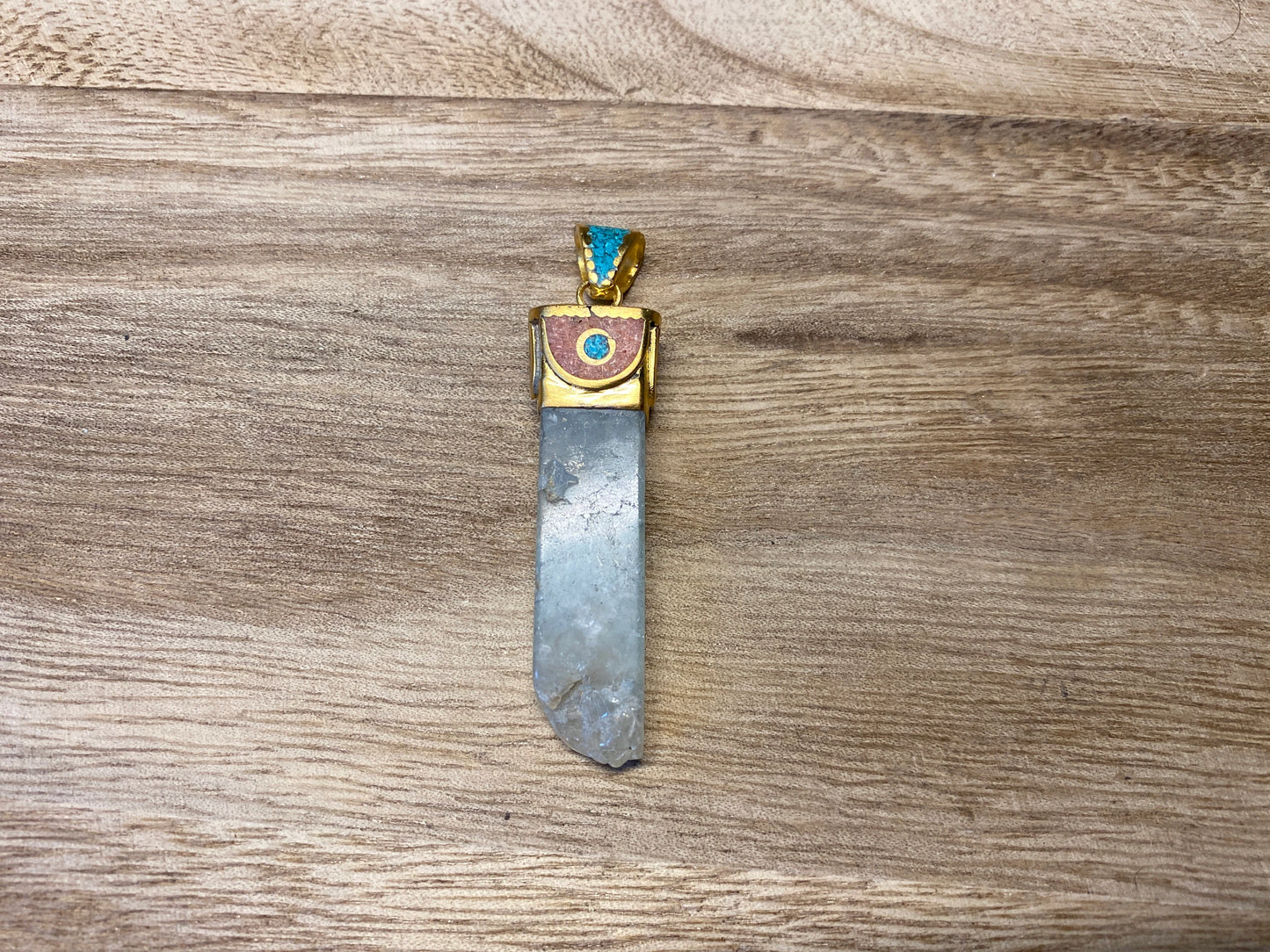 Fluorite Tibetan Pendant, Matte Gold Overlay, Coral & Turquoise inlaid, Natural Stone, Himalayan Ethnic Tribe Jewelry, Pendant for Necklace