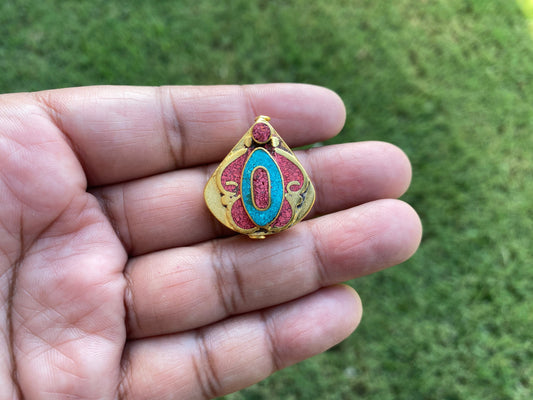 Focal Nepal Bead, High Quality 18k Brushed Gold Overlay Over Brass, Turquoise with Coral Inlay Bead, Handmade Necklace Bead, Earring Charm