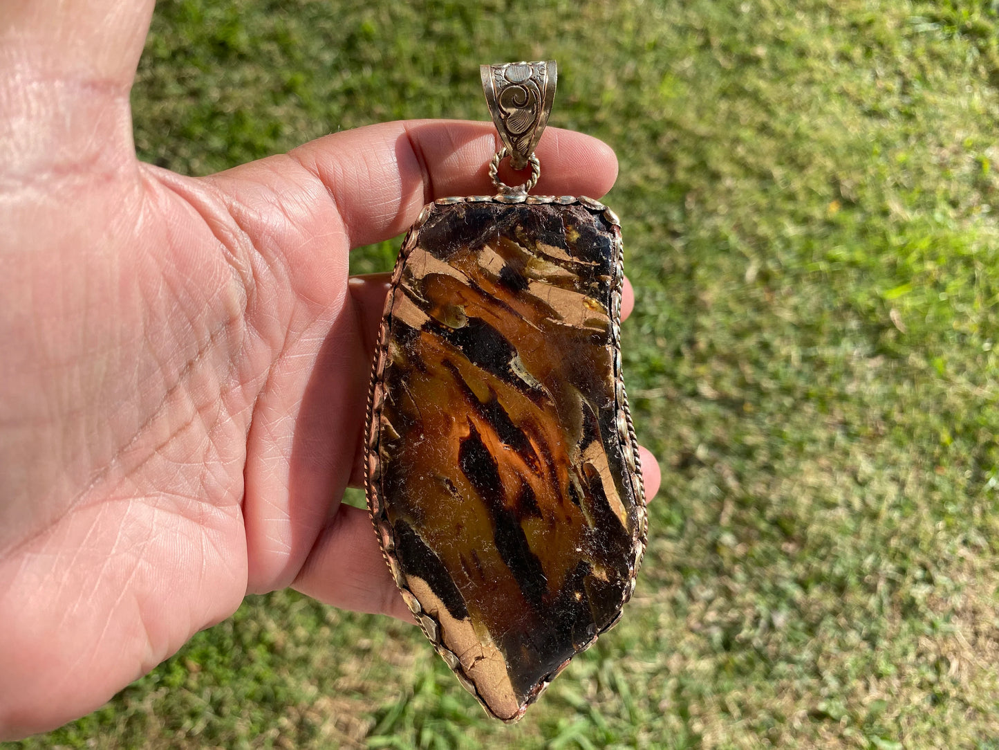 Large Raw Amber Tibetan Silver Pendant, Fossilized Amber Jewelry, Ancient Style Amber Pendant, Earthy Bohemian Jewelry, Jewelry Gift Idea