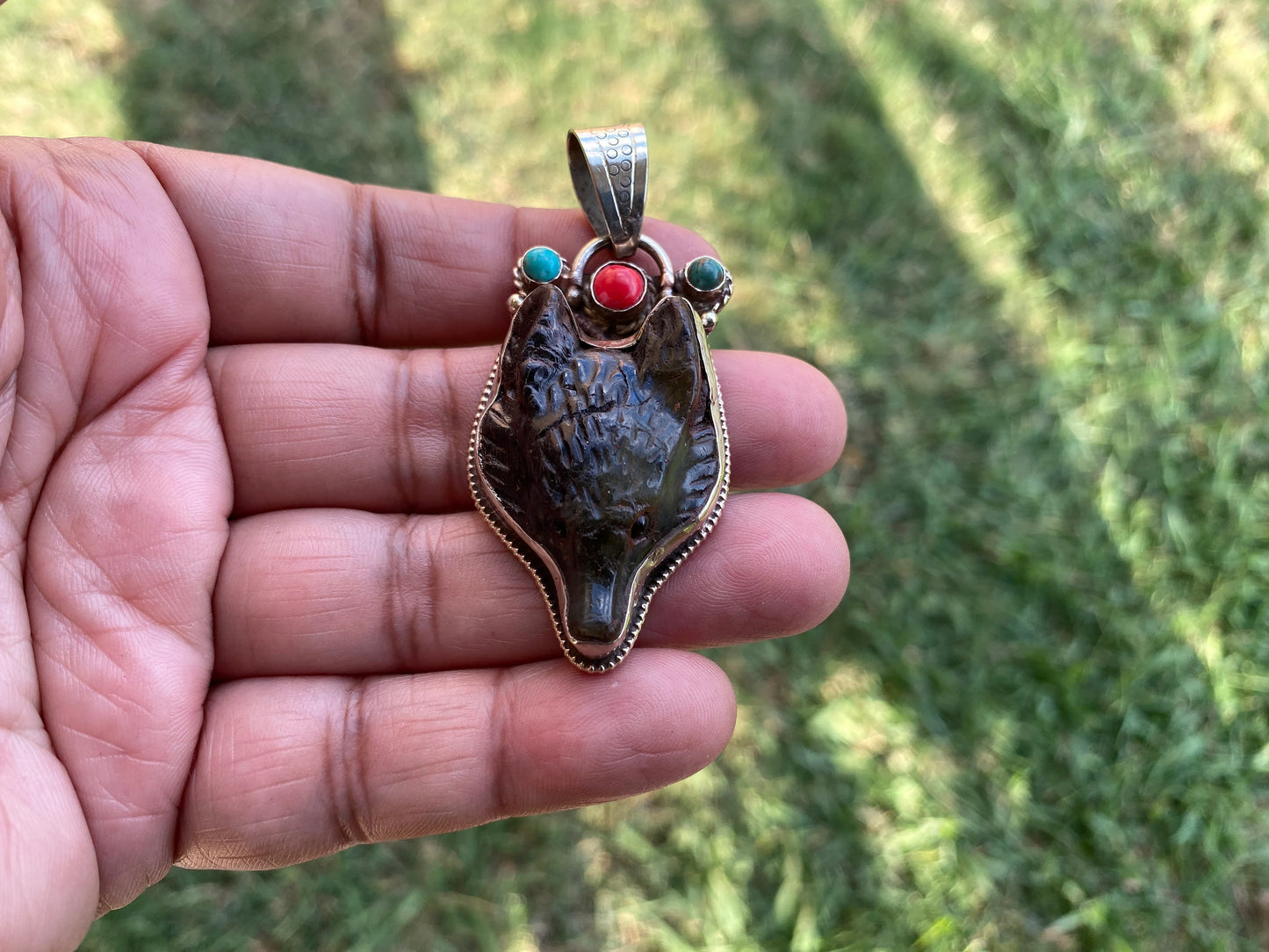 Fox Hand carved Jasper Tibetan Silver Pendant, Ethnic Jewelry, Jewelry Making, Necklace Pendant, Birthstone, Energy Stone Pendant