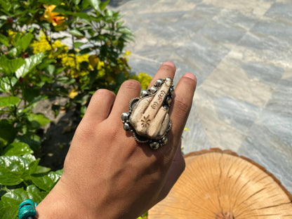 Funny Finger carved on Buffalo bone, Tibetan silver Ring, Adjustable ring, Hammered Ring.