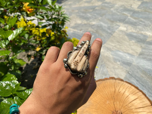 Funny Finger carved on Buffalo bone, Tibetan silver Ring, Adjustable ring, Hammered Ring.