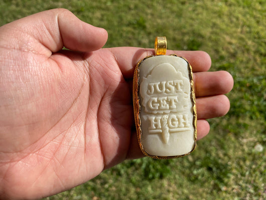 Funny Just Get High Bone Pendant, 18k Brushed Gold Overlay, Weed Jewelry, Gift for Boy friend, For Marijuana Lovers, Funny Cannabis Gift