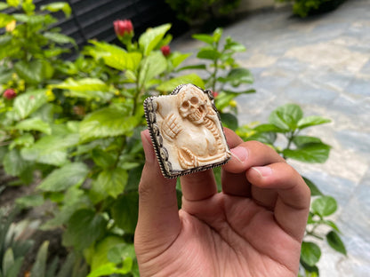 Funny Skull Carved on Water Buffalo bone, Tibetan Silver Ring, Bohemian fashion inspired Ring, Ring for daily wear, Unisex Ring.