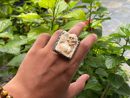 Funny Skull Carved on Water Buffalo bone, Tibetan Silver Ring, Bohemian fashion inspired Ring, Ring for daily wear, Unisex Ring.
