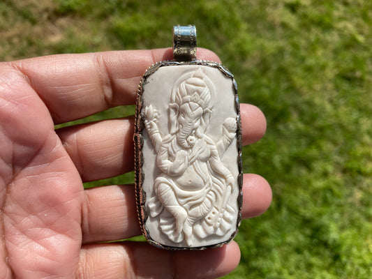 Ganesh Carved Bone Tibetan Silver Pendant, Buffalo Bone, Yoga Pendant, Ethnic Jewelry, Tribal, Spiritual Pendant, Pendant for Men or Women