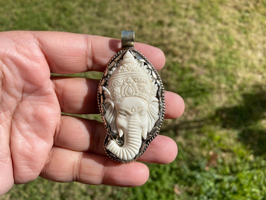 Ganesh Carved Bone Tibetan Silver Pendant, Buffalo Bone, Yoga Pendant, Ethnic Jewelry, Tribal, Spiritual Pendant, Locket for Men or Women