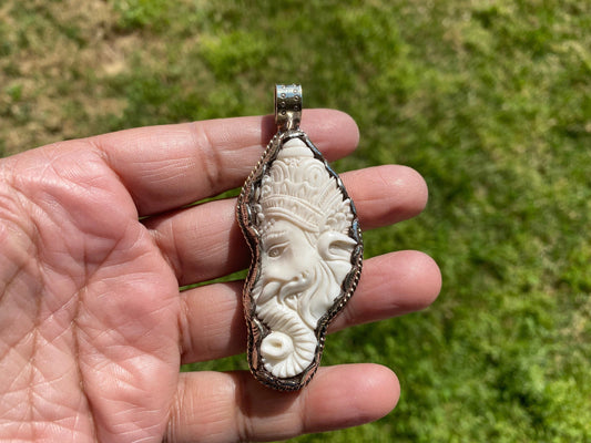 Ganesh Carved Bone Tibetan Silver Pendant, Buffalo Bone Jewelry, Yoga Pendant, Ethnic Jewelry, Spiritual Pendant, Pendant for Men or Women
