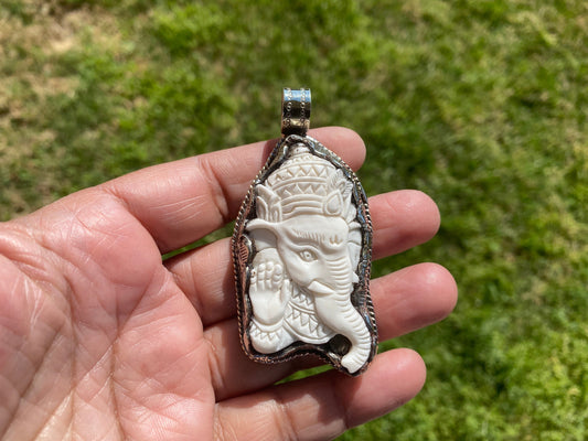 Ganesh Carved Bone Tibetan Silver Pendant, Buffalo Bone, Yoga Pendant, Ethnic Jewelry, Tribal, Spiritual Pendant, Locket for Men or Women