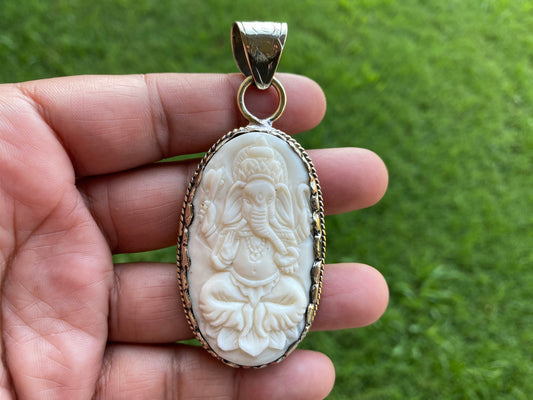 Ganesh Carved Bone Tibetan Silver Pendant, Buffalo Bone, Yoga Pendant, Ethnic Jewelry, Spiritual Pendant, for Men or Women, Rabbit Design
