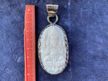 Ganesh Carved Bone Tibetan Silver Pendant, Buffalo Bone, Yoga Pendant, Ethnic Jewelry, Spiritual Pendant, for Men or Women, Rabbit Design