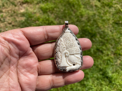 Ganesh Carved Bone Tibetan Silver Pendant, Buffalo Bone, Yoga Pendant, Ethnic Jewelry, Tribal, Spiritual Pendant, Pendant for Men or Women
